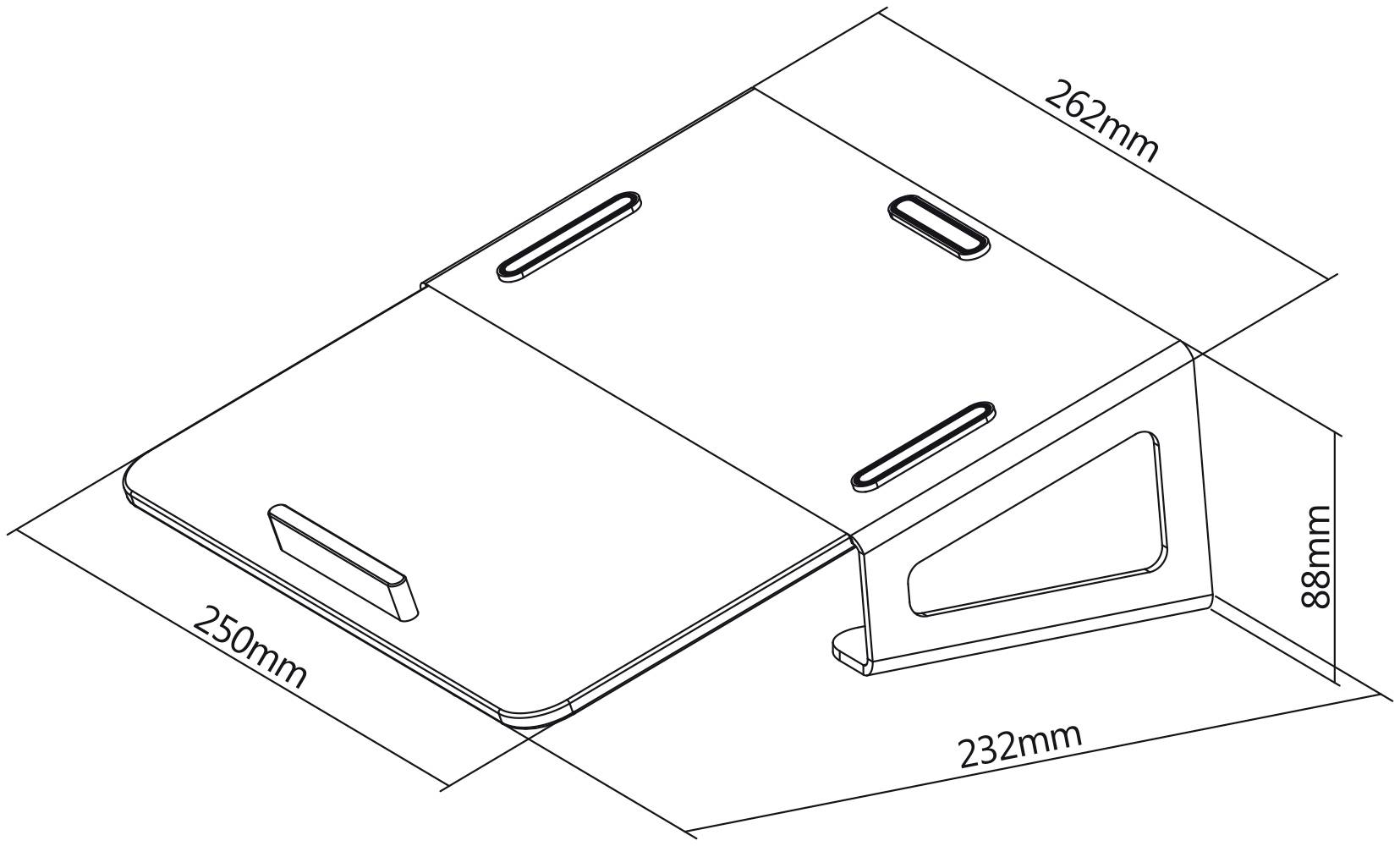 Technische Zeichnung eines Metallständers mit Maßen: 250mm Breite, 262mm Tiefe, 88mm Höhe; zeigt Flughöhe und Schlitze.