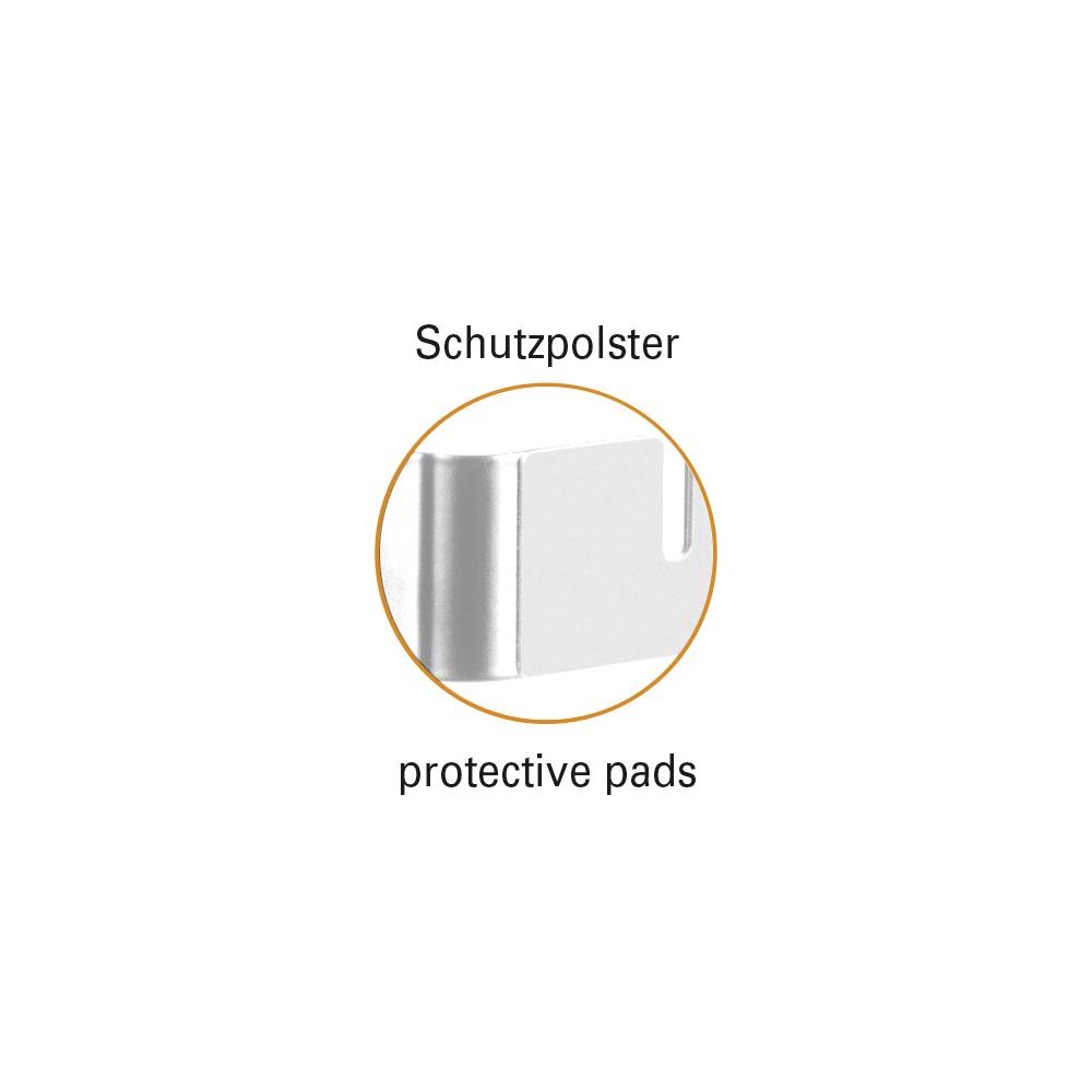 Schutzpolster am Rand, die den Kontakt einer Klammer mit einer Oberfläche schützen. English Beschriftung: 'protective pads'.