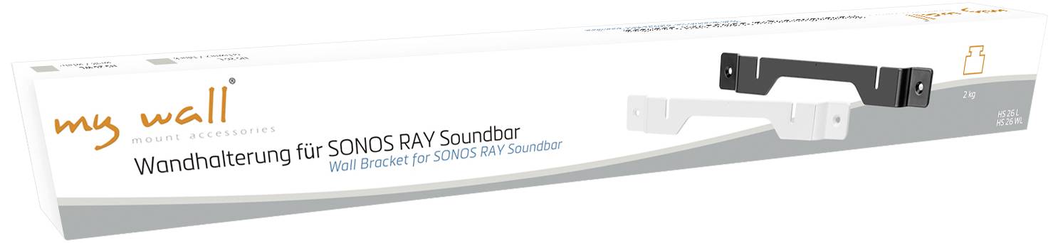 Verpackung einer Wandhalterung für die SONOS RAY Soundbar von 'my wall', zeigt zwei Halterungen in Weiß und Schwarz.