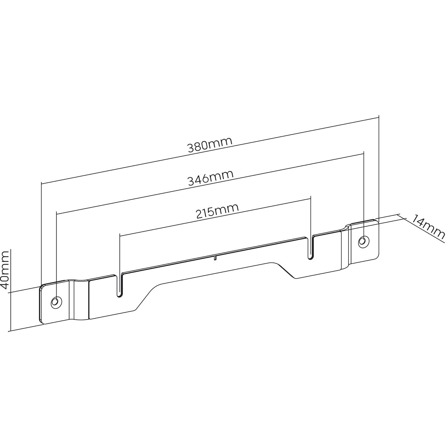 Technische Zeichnung eines Metallhaltewinkels. Maße sind angegeben: Breite 380 mm, 346 mm, 215 mm; Höhe 40 mm, Tiefe 14 mm.