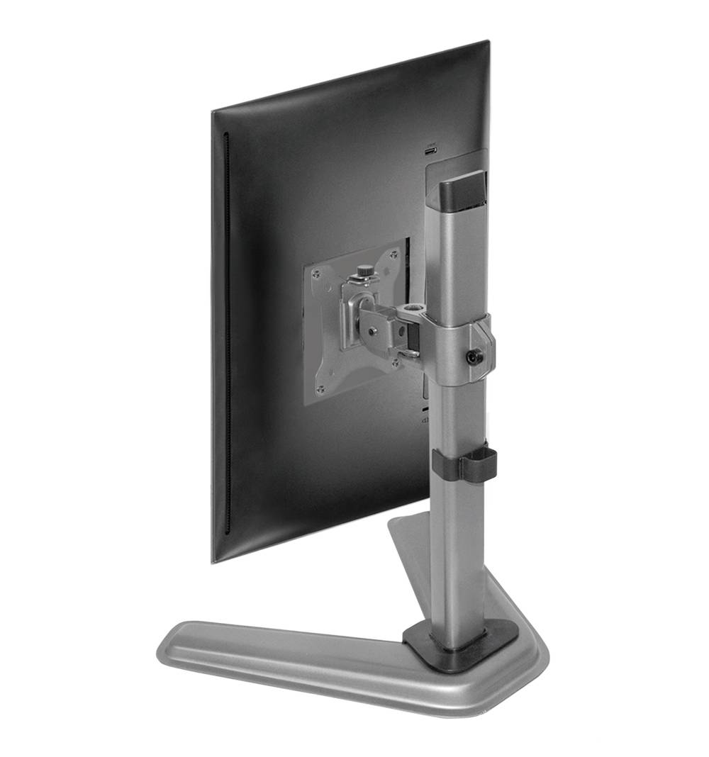 Rückansicht eines Monitors auf einem verstellbaren Ständer. Der Ständer ist grau und bietet Neigungsfunktionen für ergonomische Anpassung.