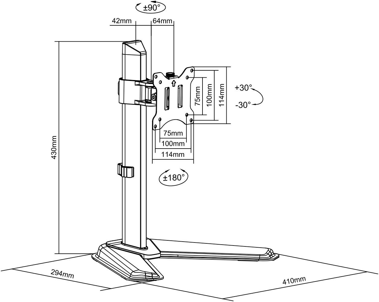 'Technische Zeichnung eines Monitorständers: Höhenverstellbar bis 430mm, Neigung von +90° bis -30°, Schwenkbereich 180°, Basisgröße 410x294mm.'