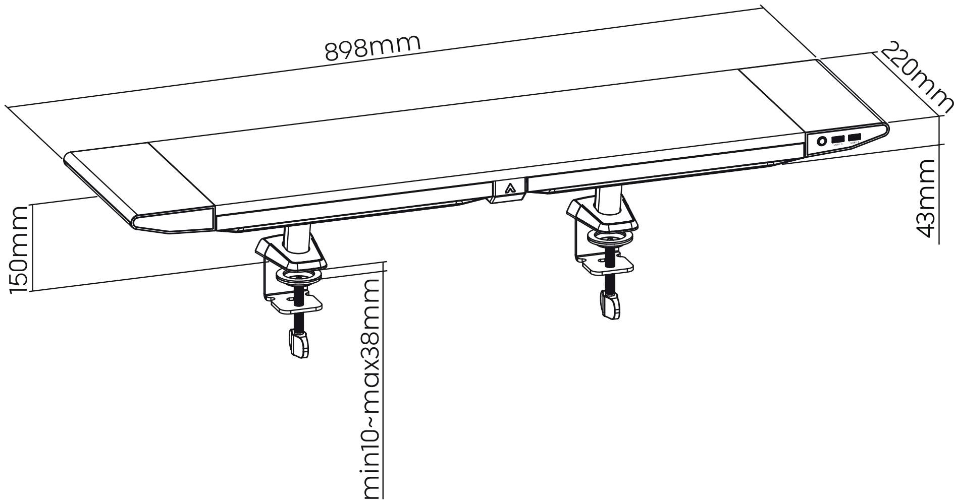 Skizze eines Brettes mit Befestigungsklammern. Maße: 898mm Länge, 220mm Breite, 43mm Dicke. Klammern einstellbar von 10mm bis 38mm.