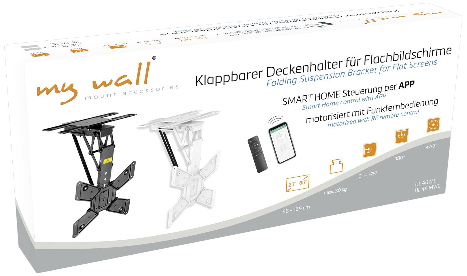 Der Karton zeigt einen klappbaren Deckenhalter für Flachbildschirme zur Smart Home Steuerung per App, abgebildet in zwei Positionen.