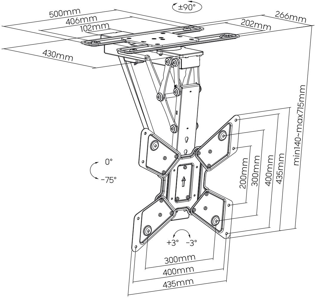 'Technische Zeichnung einer verstellbaren Halterung mit Maßen: 500mm Breite, 266mm Tiefe, neigbar von -75° bis +90°, ausziehbar bis 775mm.'