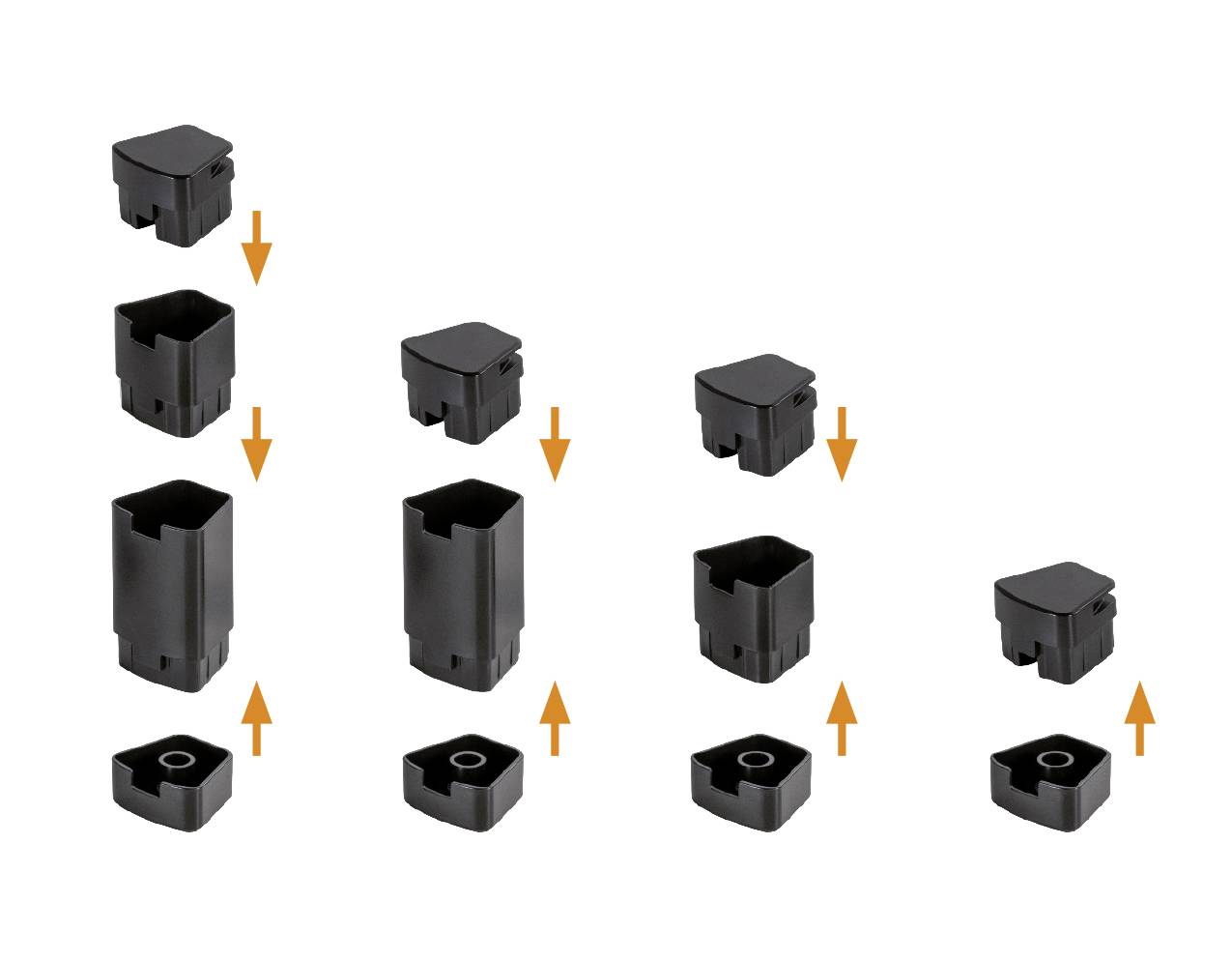 Eine Grafik zeigt den Montageprozess von schwarzen Quaderkomponenten mit Richtungspfeilen. Die Teile werden in mehreren Stufen zusammengefügt.