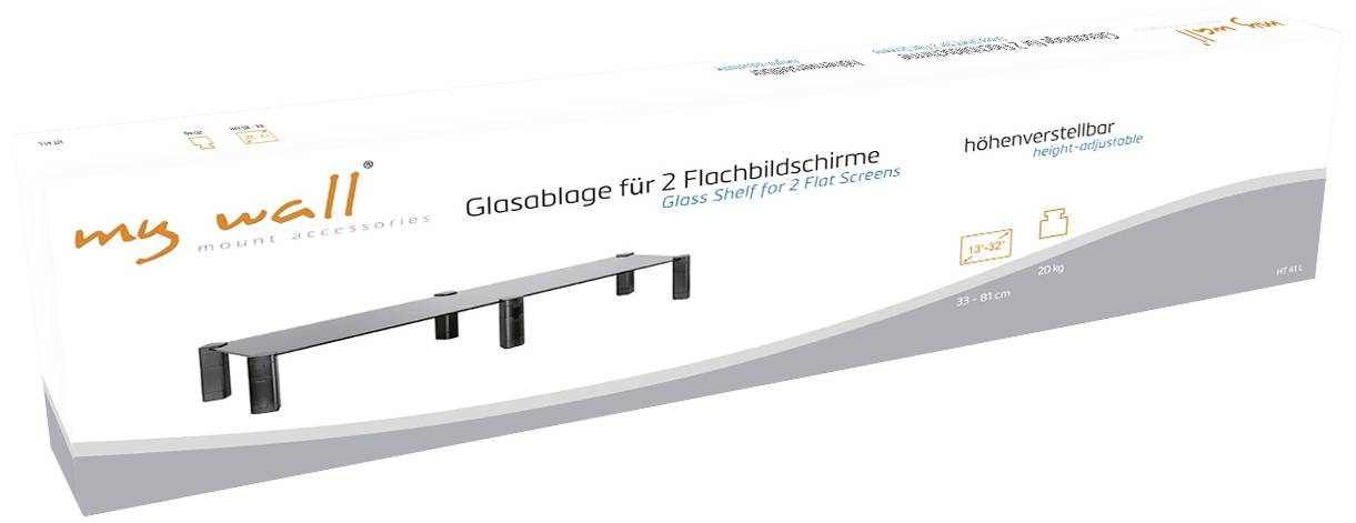 Verpackung für eine Glasablage für zwei Flachbildschirme. Abbildung des Produkts, höhenverstellbar, maximale Tragkraft 22 kg.