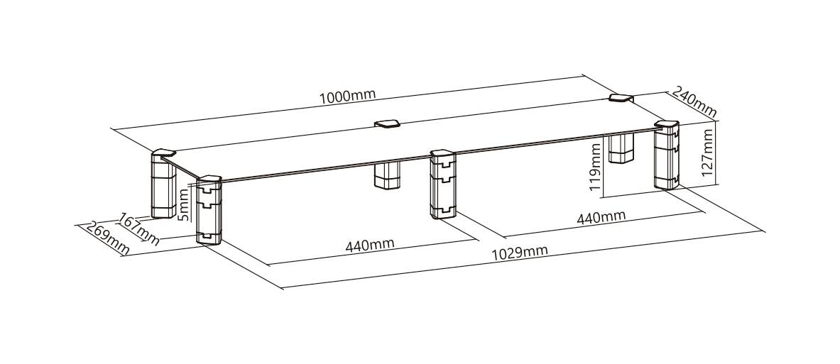 Eine technische Zeichnung eines rechteckigen Regals mit Maßen: 1000mm Länge, 240mm Breite, 127mm Höhe. Details der Bauweise sind angegeben.