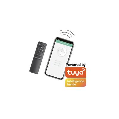 Smartphone mit geöffneter App zur Lautstärkesteuerung, daneben eine Fernbedienung und das Logo 'Powered by Tuya Intelligence Inside'.