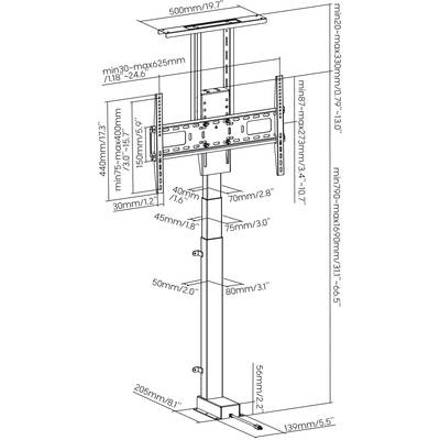 Diagramm eines TV-Ständer-Mechanismus mit verstellbarer Höhe, detaillierte Maße in Millimetern angegeben.