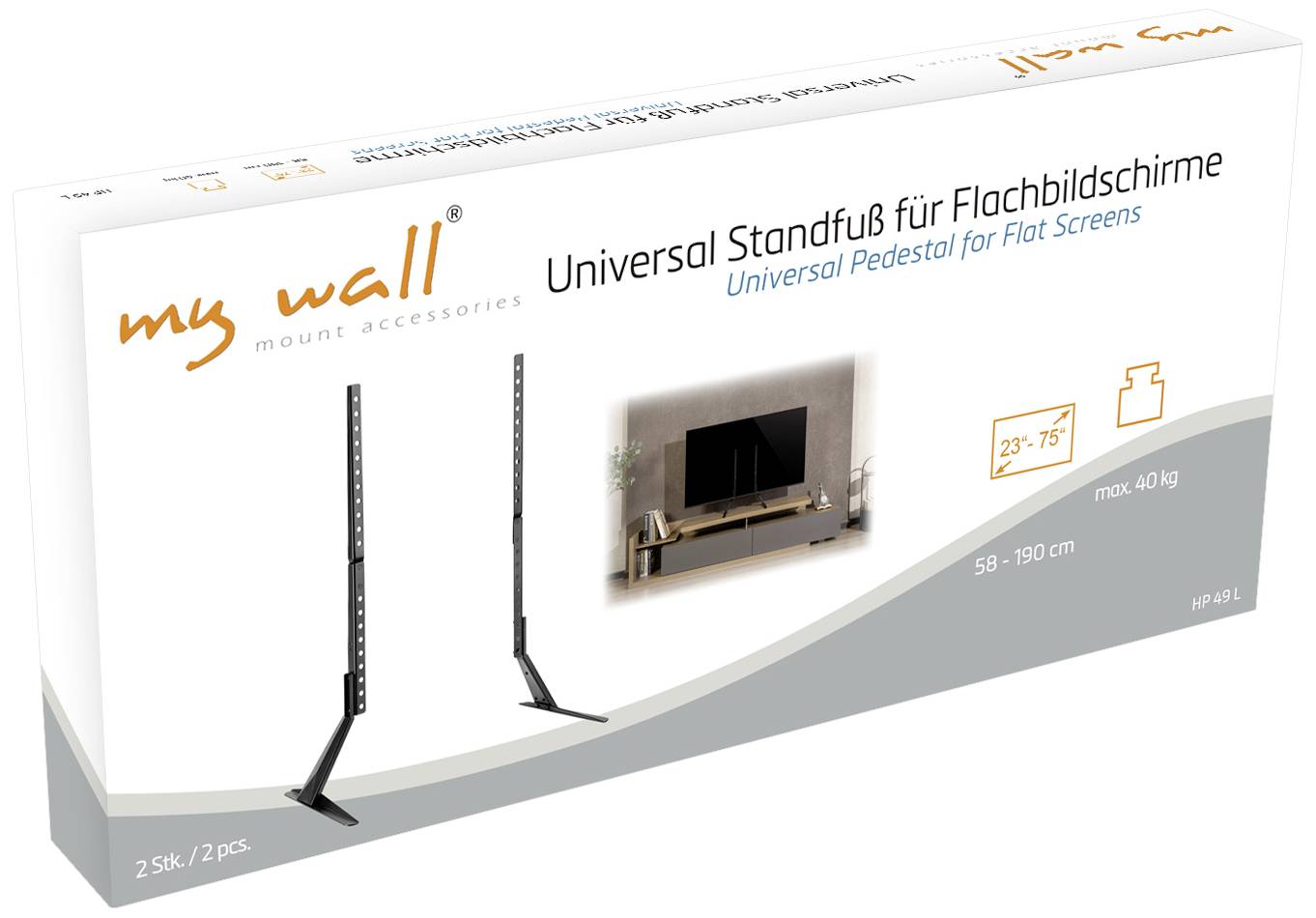 Verpackung eines universellen Standfußes für Flachbildschirme, geeignet für Größen von 23 bis 75 Zoll und maximal 40 kg.