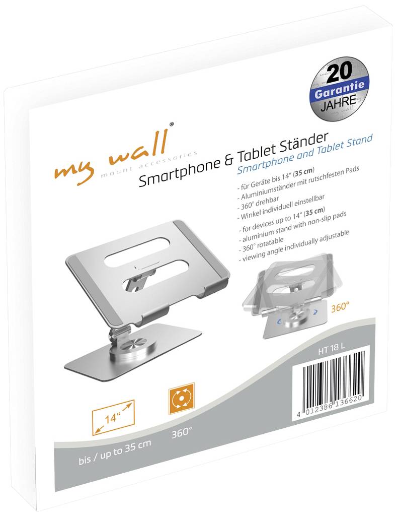 Verpackung eines Smartphone- und Tablet-Ständers aus Aluminium, geeignet für Geräte bis 14 Zoll und um 360 Grad drehbar.