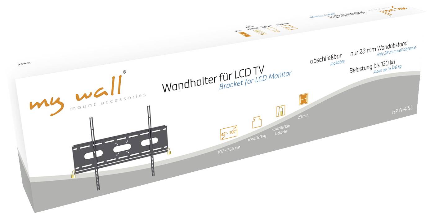 Wandhalterung für LCD TVs mit einer Tragkraft bis 120 kg und einstellbarem Abstand. Verpackung zeigt Montageanleitung und Abmessungen.