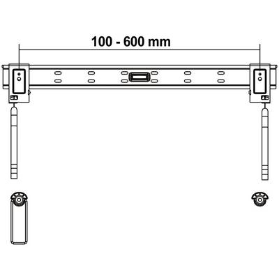 Einstellbare Halterung von 100 bis 600 mm. Zwei Stützen unten, vermutlich für Montagezwecke. Draufsicht.