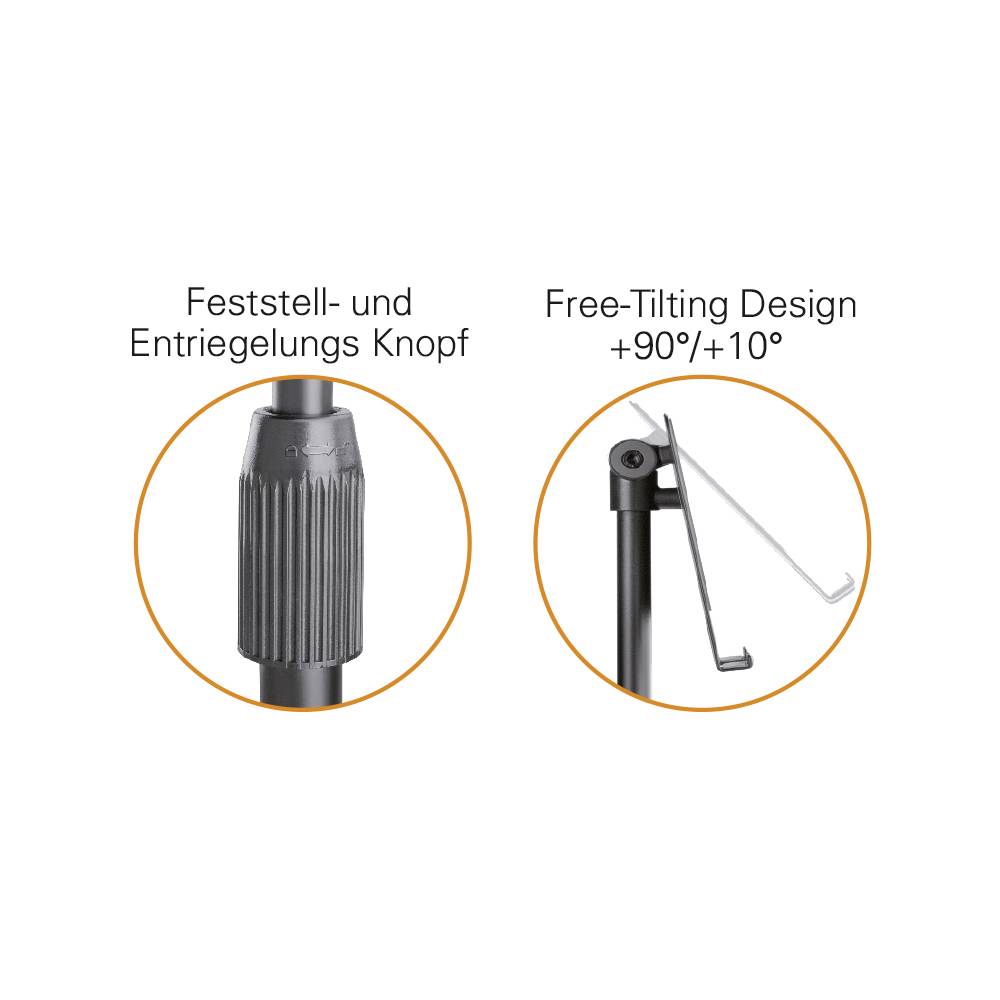 'Feststell- und Entriegelungs Knopf.' und 'Free-Tilting Design +90°/-10°'. Abbildung eines Knopfes und eines beweglichen Ständers.