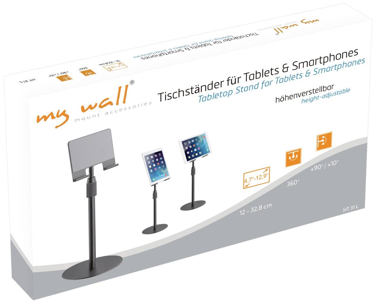 'My Wall Tischständer für Tablets & Smartphones, höhenverstellbar 12-32,8 cm, 360° drehbar, für Geräte von 4,7-12,9 Zoll.' Verpackungsdesign zeigt den Ständer in zwei Positionen mit Tablets.
