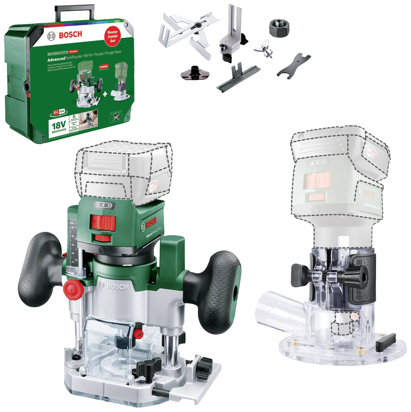 Bosch Home and Garden 2-i-1 batteri-kant-/överfräs 06039D5002 AdvancedTrimRouter 18V-8 Combi-Set