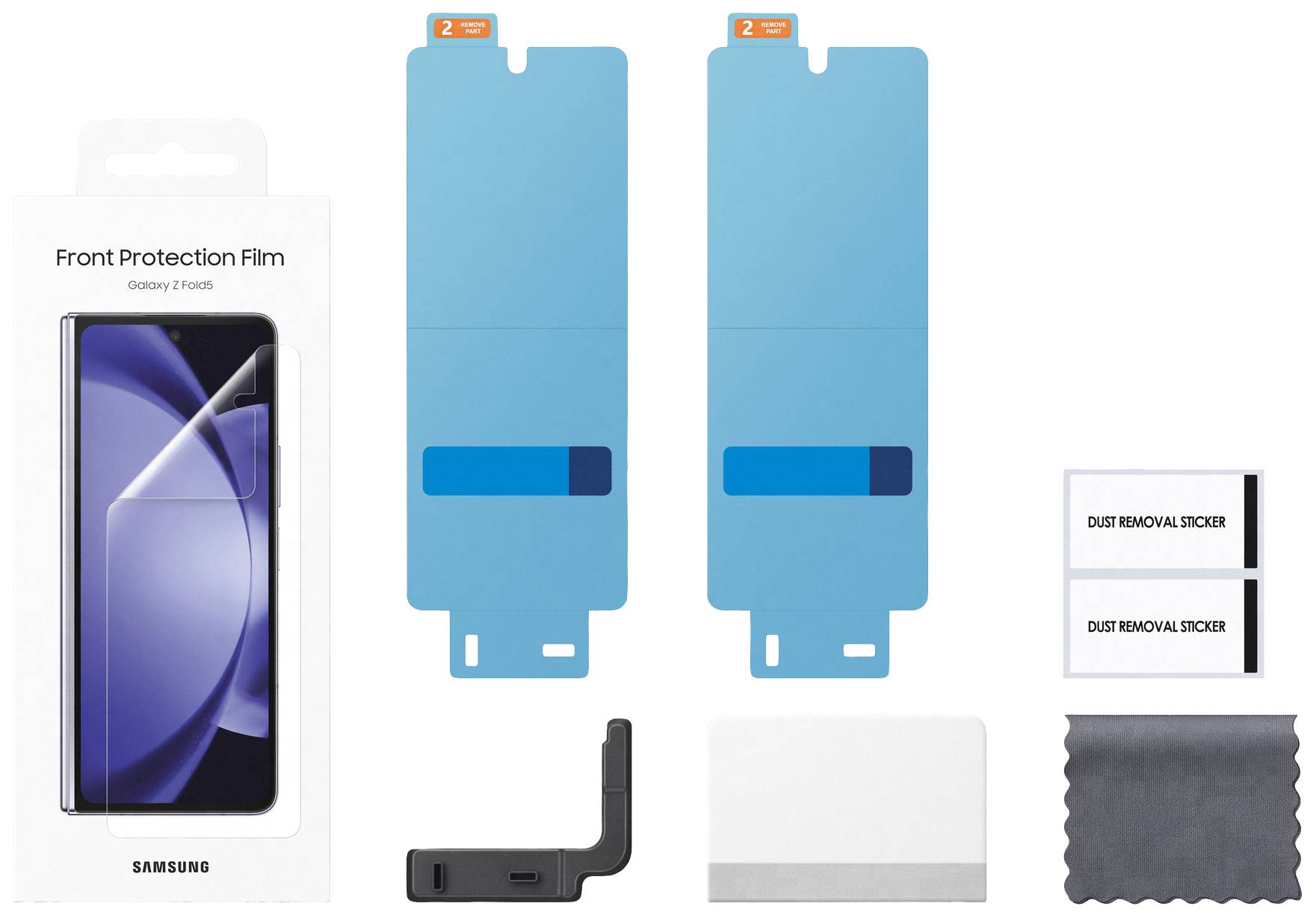 'Front Protection Film' für Samsung Galaxy Z Flip5, Verpackung, zwei Schutzfolien, Staubentferner, Reinigungstuch und Applikator.