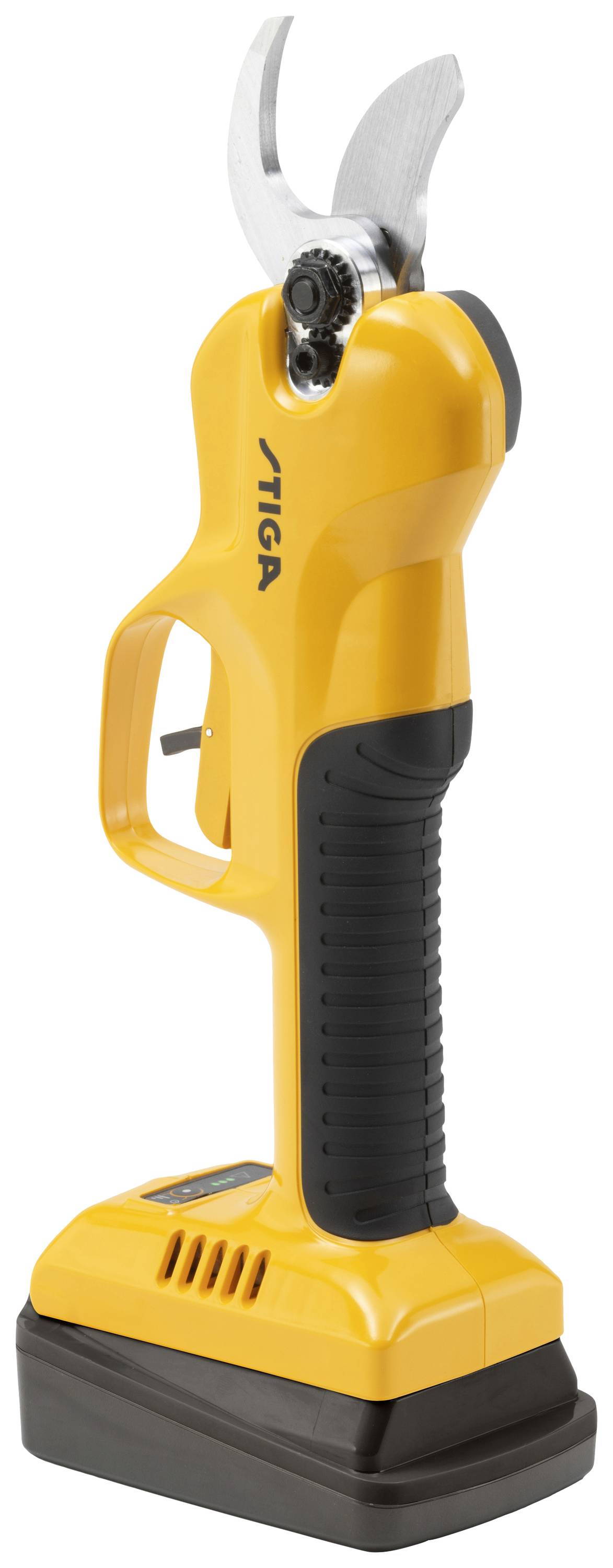 Orange und schwarzer Akku-Gartenschneider mit ergonomischem Griff und scharfen Klingen.