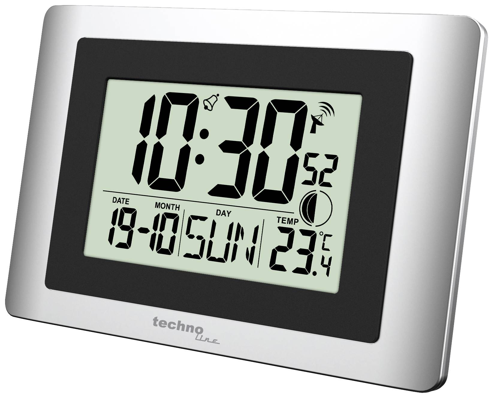 Digitaluhr mit großem Display zeigt die Uhrzeit 10:30, Datum 19.01, Wochentag Sonntag und Temperatur 23,4 Grad Celsius an.