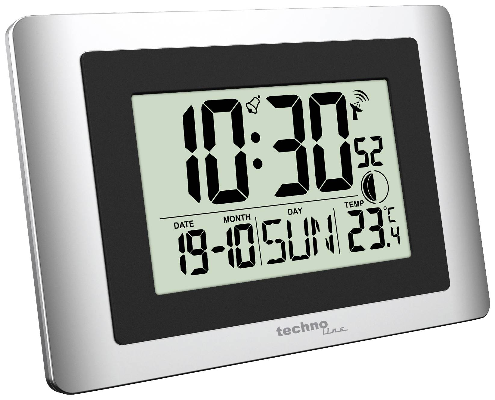 Digitale Wanduhr zeigt 10:30 Uhr an, mit Datum 19.05. Sonntag und Temperatur 23,4°C.