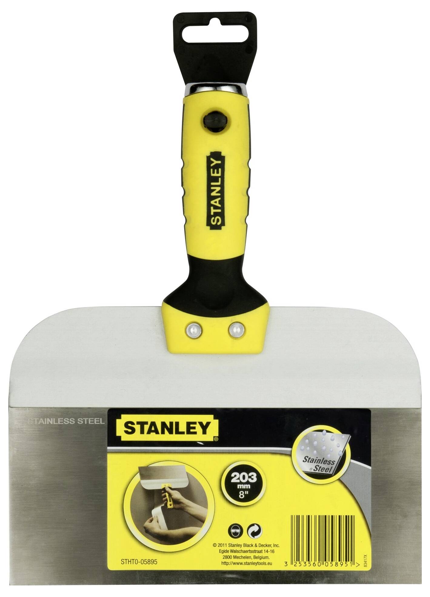 Eine gelbe Stanley Tapezierspachtel aus rostfreiem Stahl mit ergonomischem Griff, 20,3 cm breit. Verpackung zeigt Produktanwendung.
