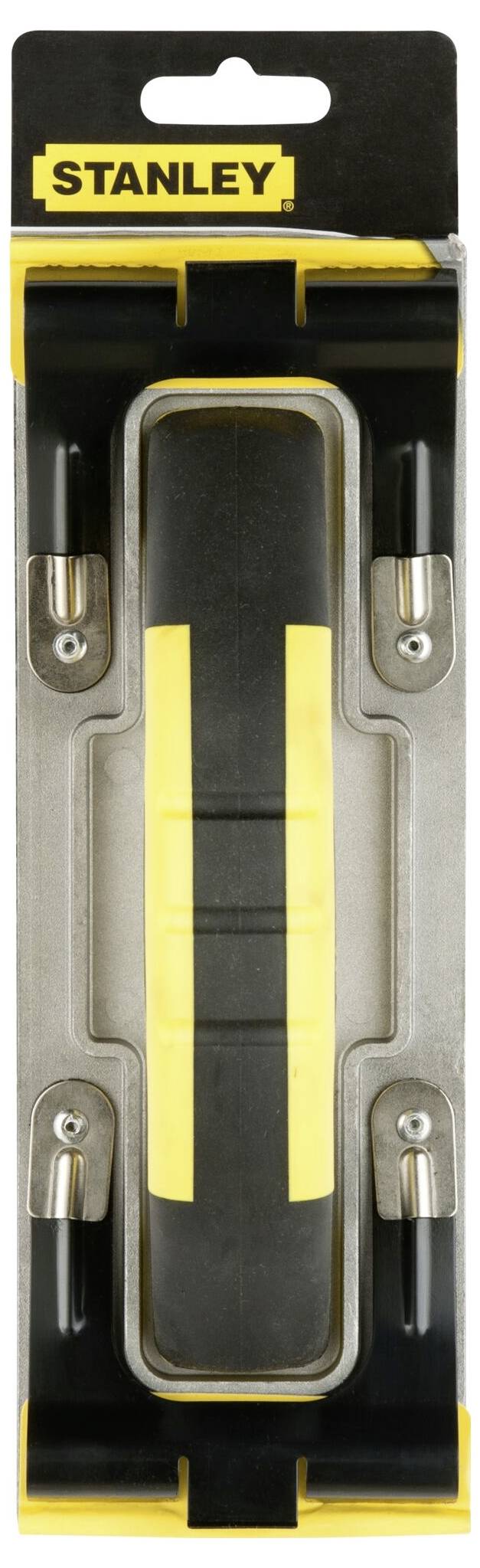 Hobelwerkzeug mit ergonomischem Griff in Verpackung. Marke 'Stanley' oben aufgedruckt. Werkzeug zum Glätten von Oberflächen.