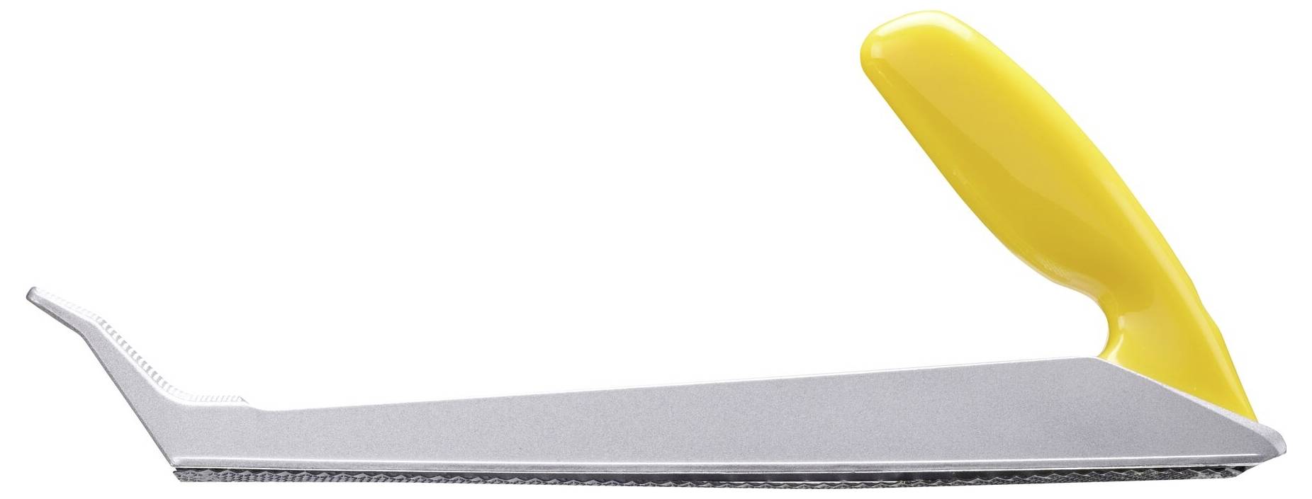 Handraspel mit gelbem ergonomischem Griff, speziell für Holzarbeiten entwickelt. Sie hat eine lange, schmale Form zur präzisen Bearbeitung.