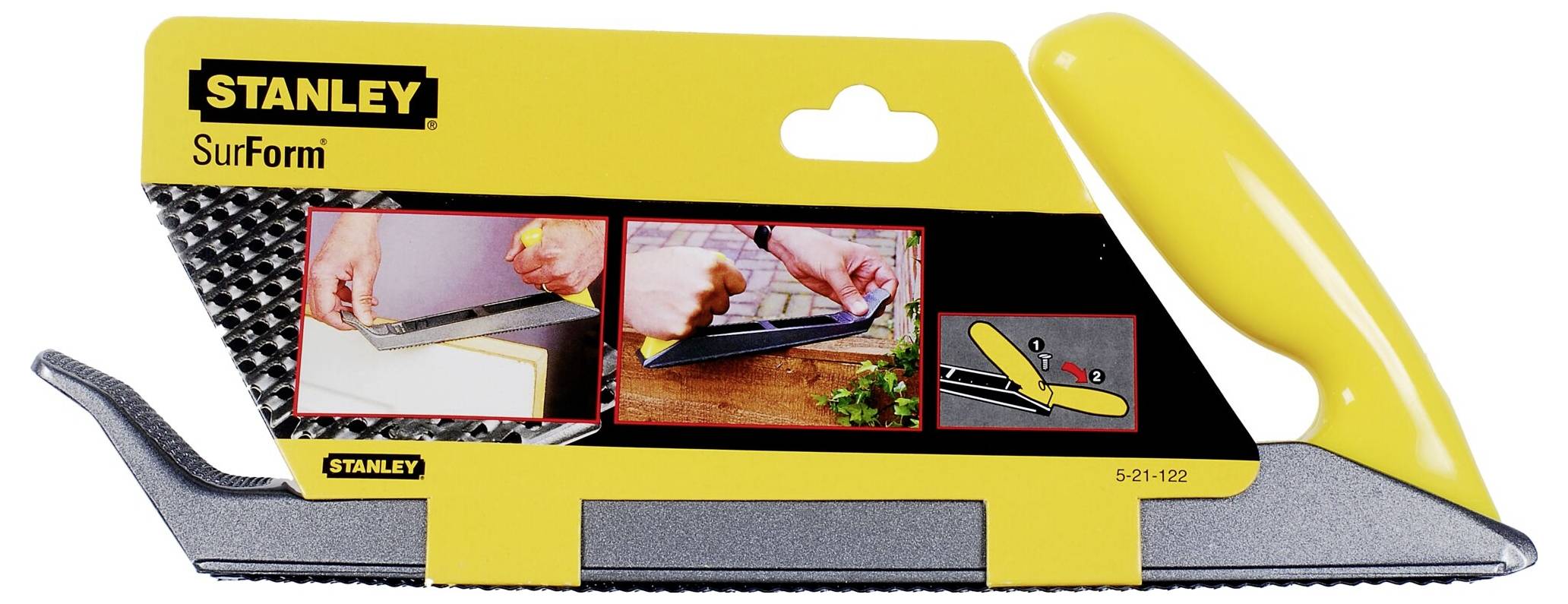 Eine gelbe Stanley SurForm-Raspel mit Verpackung. Die Verpackung zeigt Anwendungsbilder und das Werkzeug in seitlicher Ansicht.