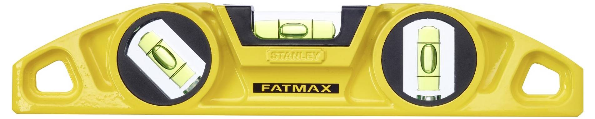 Gelbe Wasserwaage mit drei Libellen, zentraler Griff und 'FATMAX'-Logo, verwendet zum Justieren von Oberflächen in Bauprojekten.