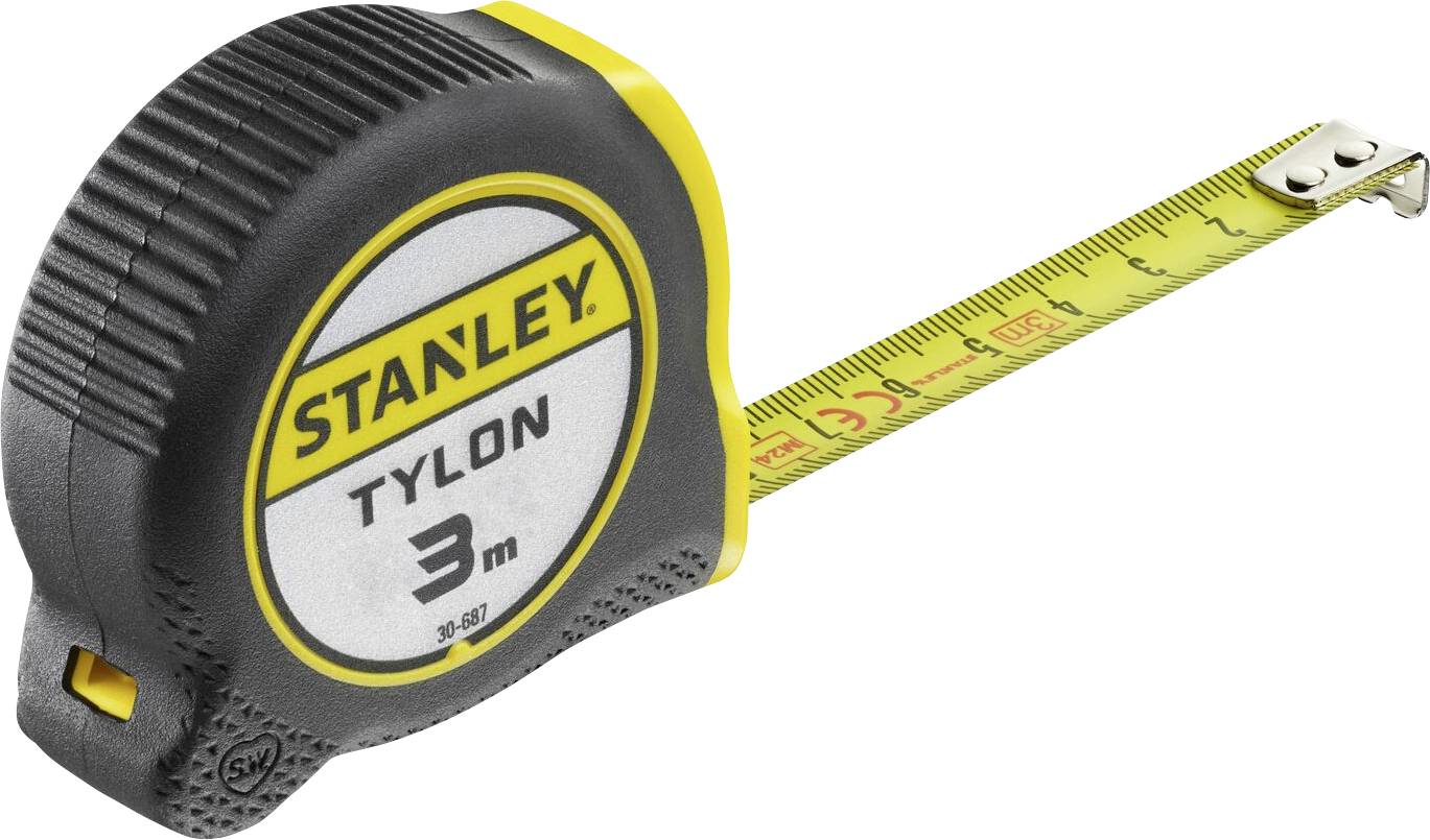 Ein Stanley Tylon Maßband mit gelber Skala und schwarzem Gehäuse, ausgezogen bis ca. 1 Meter, zeigt Zentimeter- und Millimeter-Markierungen.