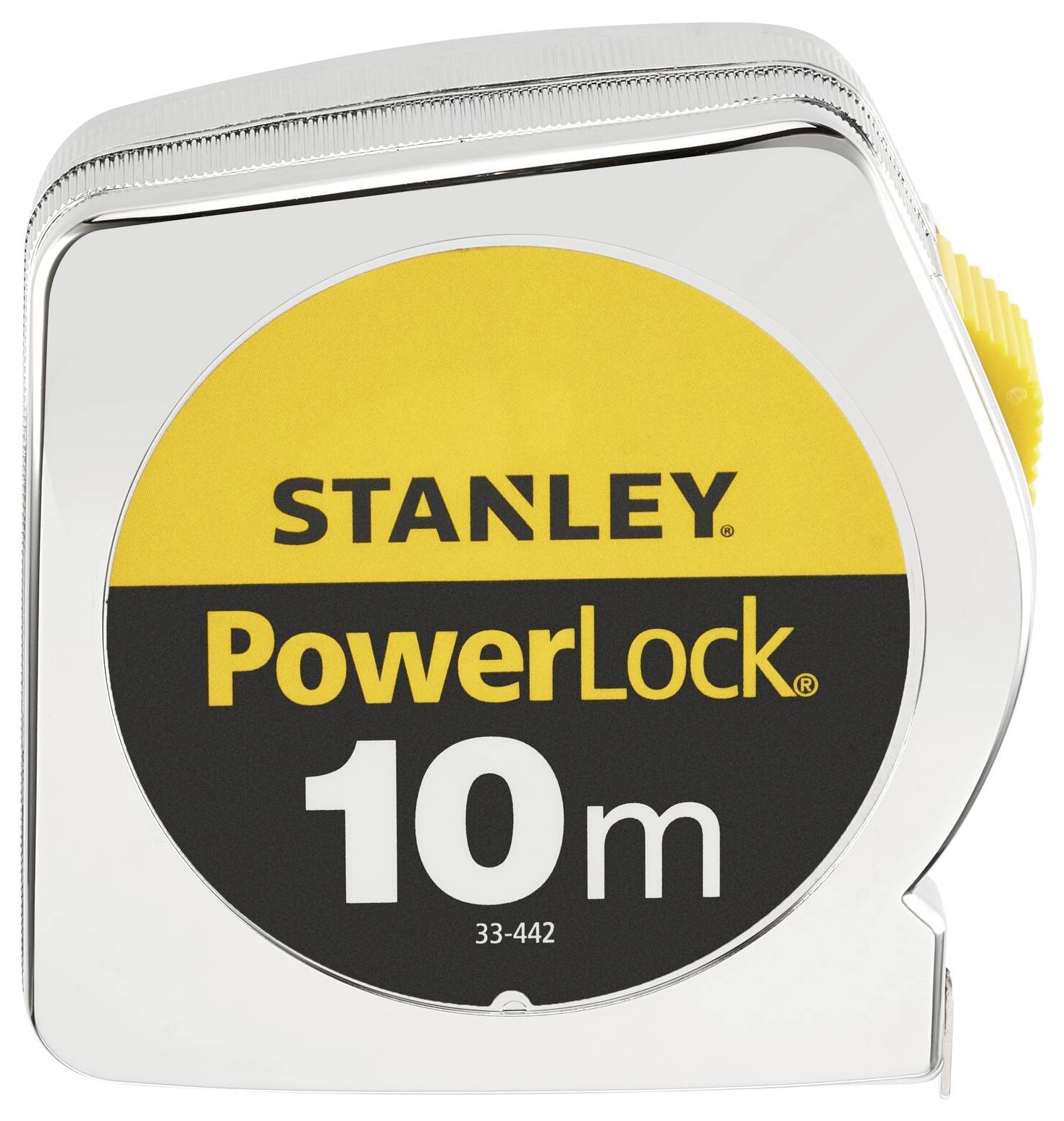 Ein silbernes Maßband der Marke Stanley, Modell PowerLock, mit einer maximalen Länge von 10 Metern. Es hat einen gelben und schwarzen Aufkleber.