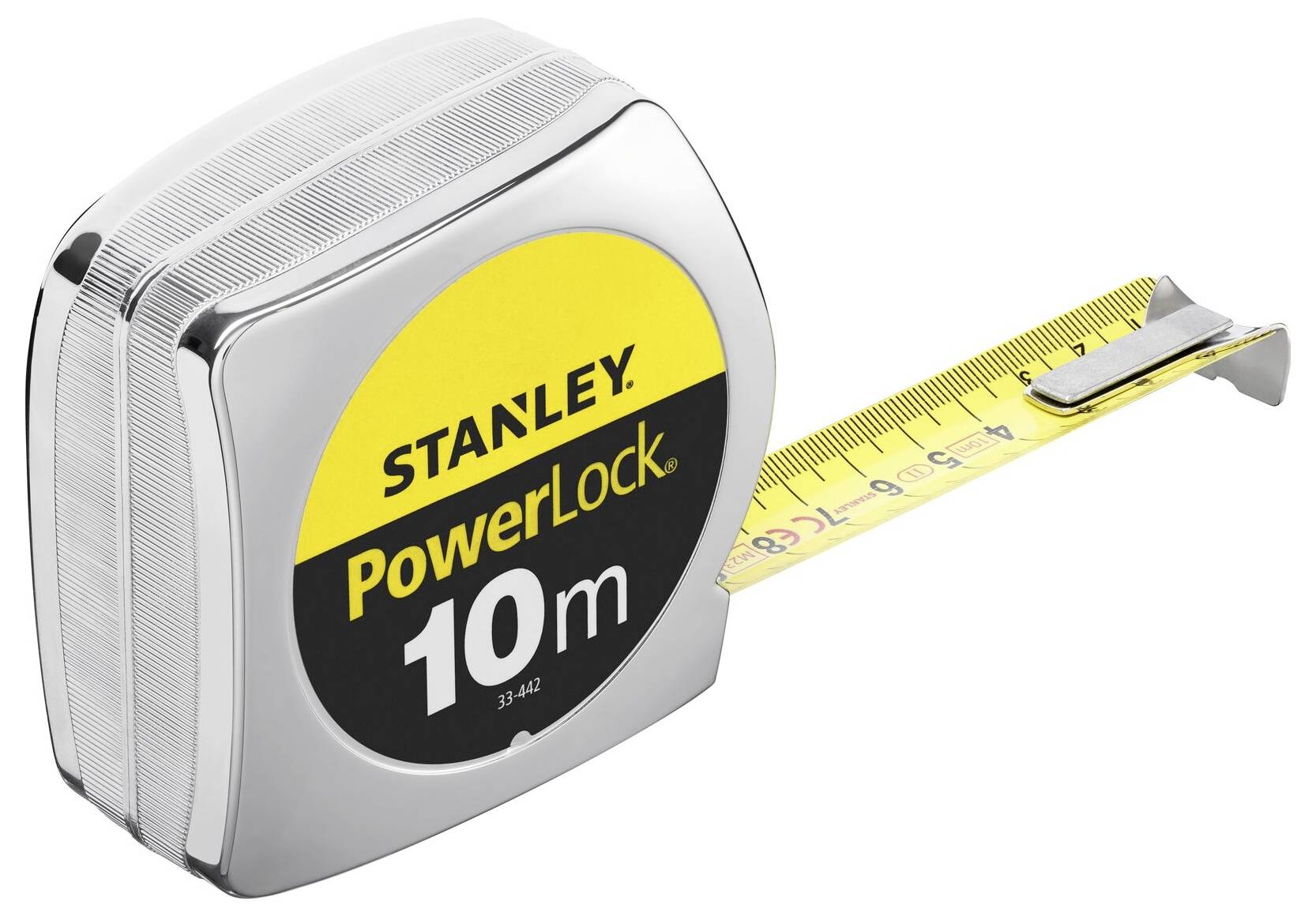Ein silbernes Maßband mit gelbem und schwarzem Etikett von 'Stanley PowerLock', ausgezogen auf 10 Meter mit metrischer Skala.