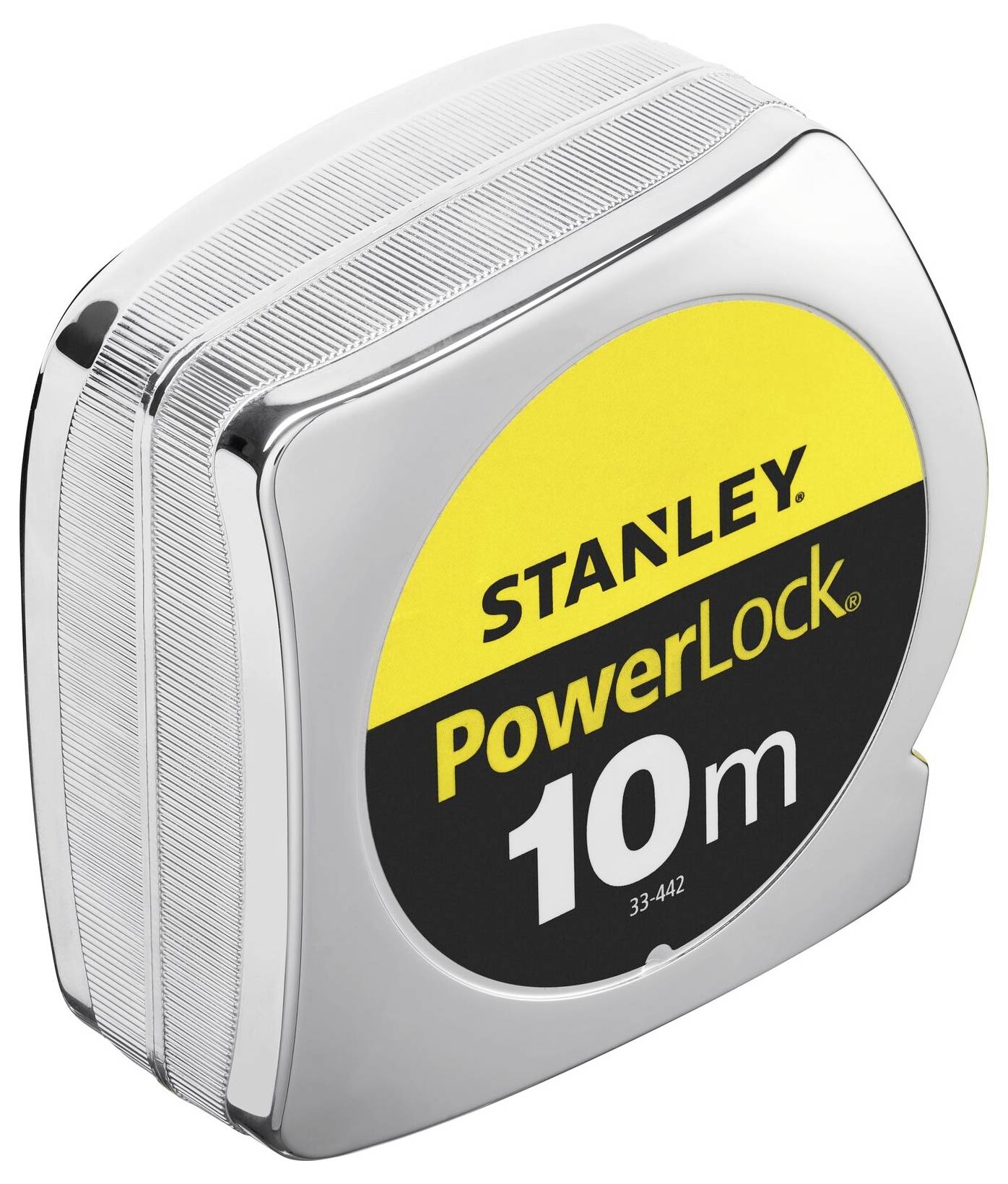 Stahlmaßband der Marke Stanley, Modell "PowerLock", mit einer Länge von 10 Metern. Silbernes Gehäuse mit gelbem Label.