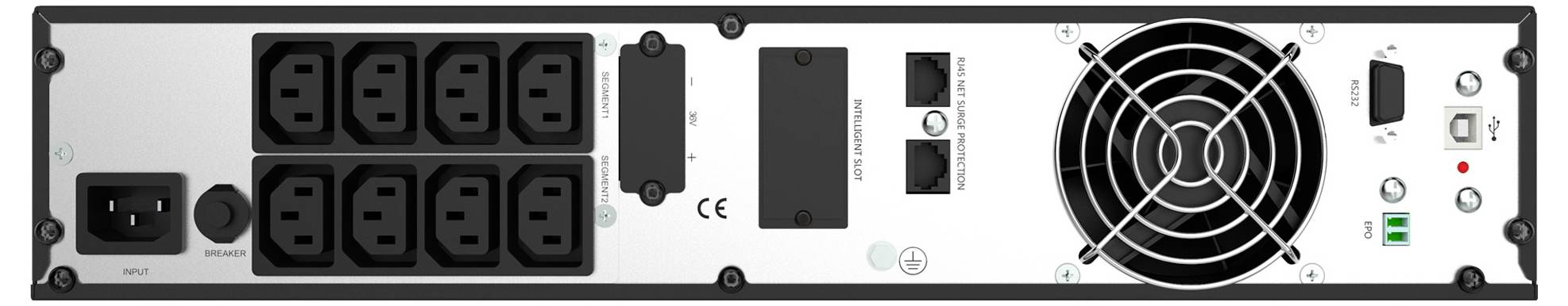 'Rückseite eines elektronischen Geräts mit Lüfter, mehreren Steckdosen und Schaltern, geeignet zur Stromversorgung und Kühlung.'