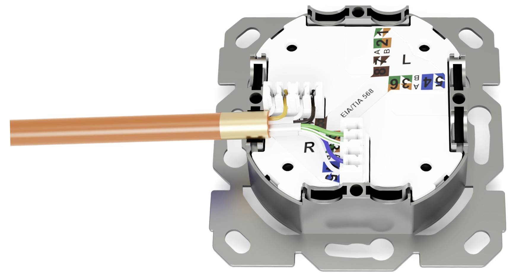 'Elektrische Wandsteckdosenbasis mit mehreren farbigen Kabeln; mit R und L beschriftet, mit Metallmontageblech.'