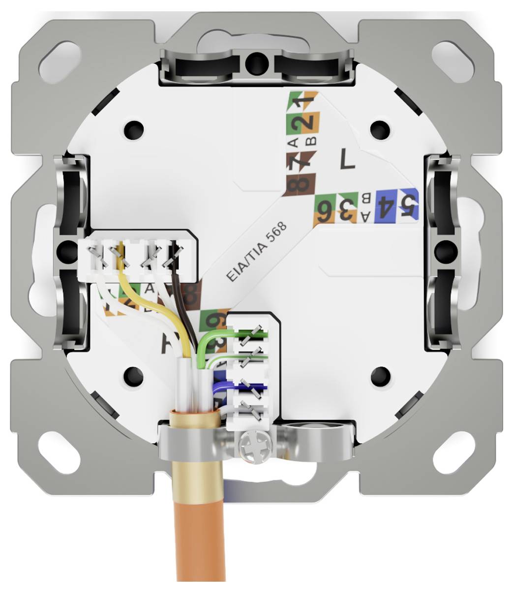 Elektrische Wandsteckdose Schaltplan mit farbcodierten Leitern für Installationsanleitung, beschrifteten Anschlüssen und Kabeleinführungspunkt.