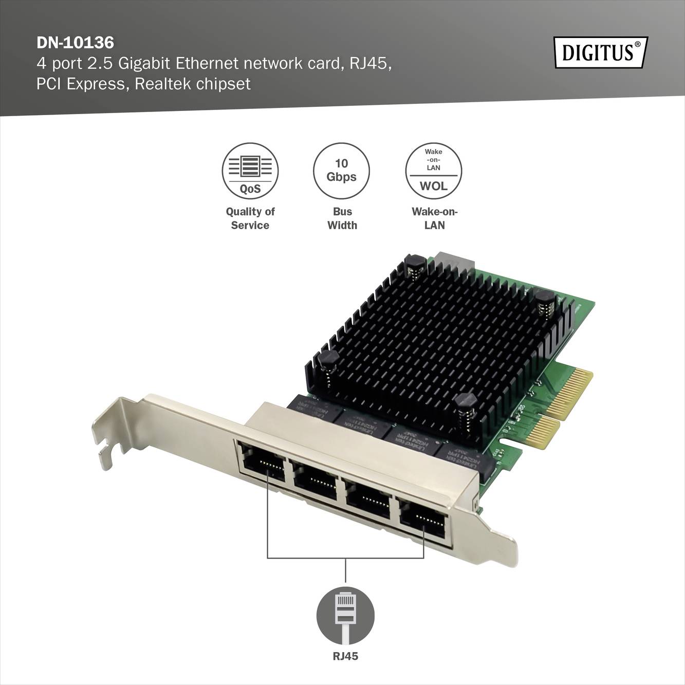 'Ethernet-Netzwerkkarte mit 4 Ports, RJ45, unterstützt bis zu 10 Gbps, PCI Express, Realtek-Chipsatz, Funktionen: QoS, Wake-on-LAN.'