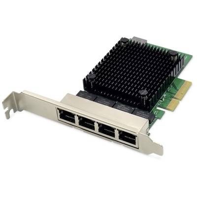 Netzwerkkarte mit vier Ethernet-Anschlüssen und Kühlkörper, installiert in einem PCIe-Steckplatz.