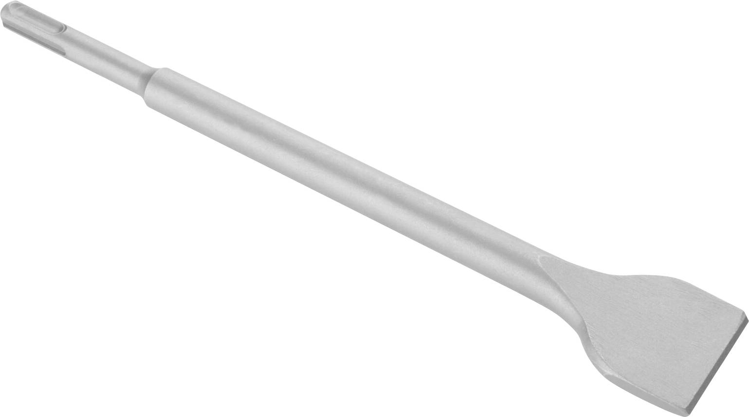 Ein silberfarbener Flachmeißel aus Metall, geeignet für Abbrucharbeiten. Konzipiert für Einsatz mit einem Bohrhammer.