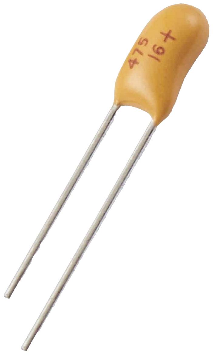 Kondensator mit orangem Gehäuse und zwei langen Metallanschlüssen. Er ist mit roten Zahlen '475' und einem '+16' Symbol beschriftet.