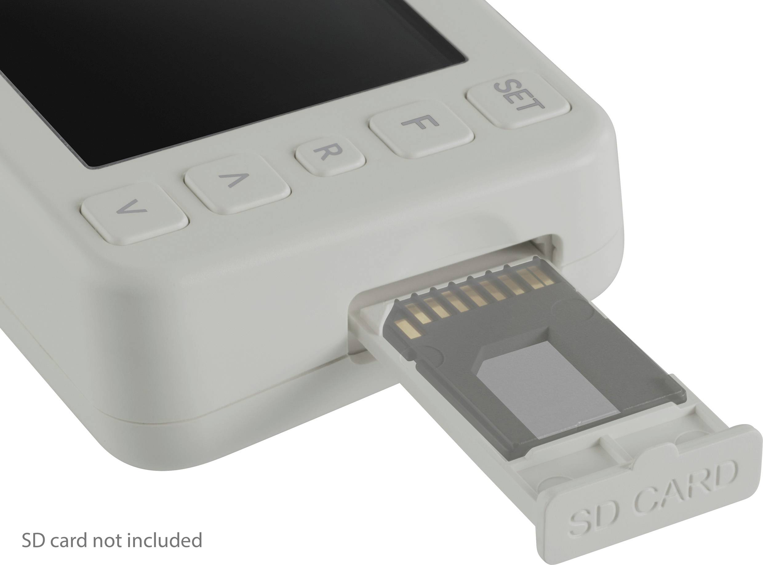 Ein weißes elektronisches Gerät mit einem Display und vier Tasten. Eine SD-Karte wird teilweise in den Kartenschlitz eingeführt.