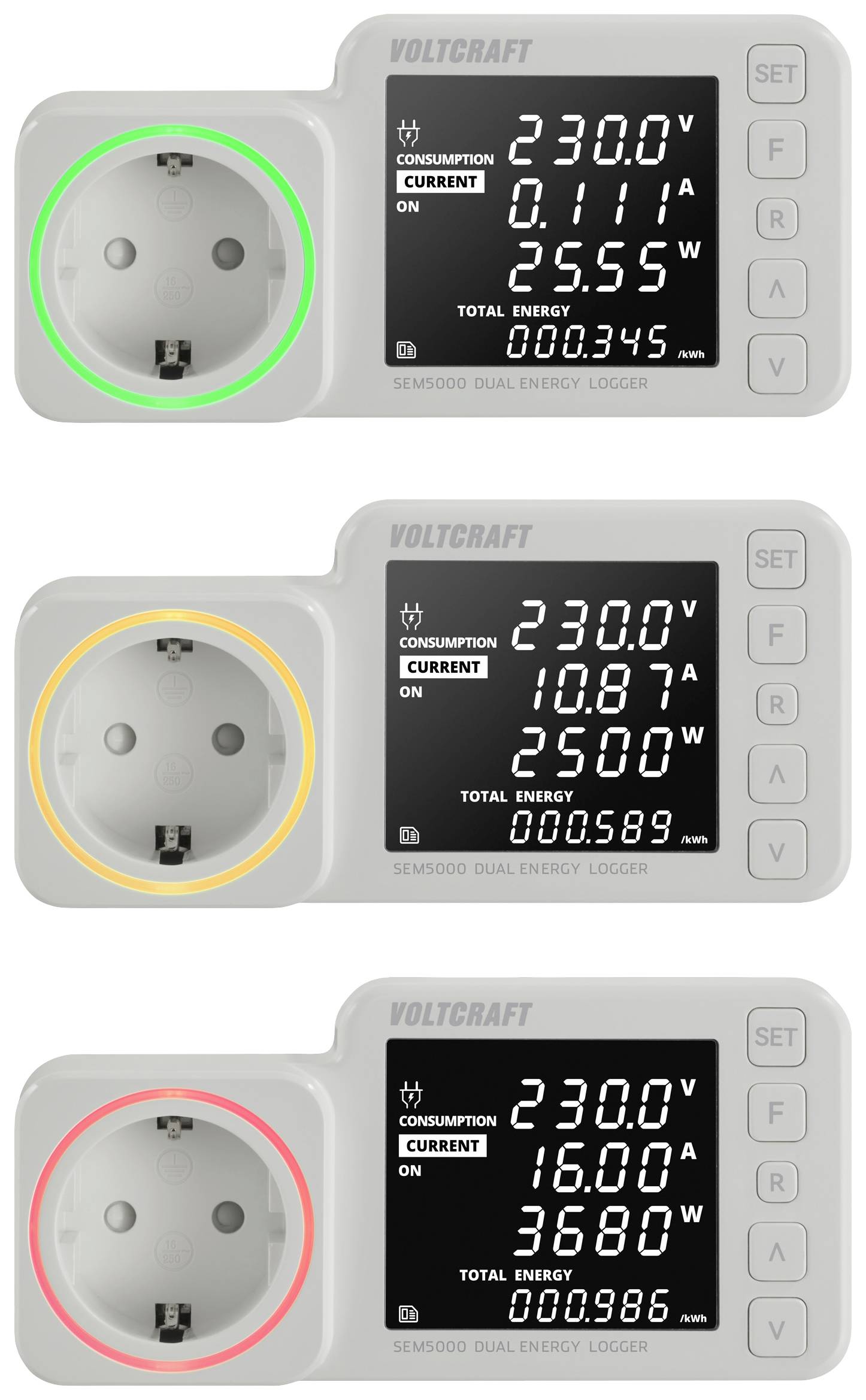 Drei Energiezähler mit unterschiedlichen Messwerten: Oben zeigt 0,111A, 25,5W; Mitte zeigt 10,87A, 2500W; Unten zeigt 16,00A.