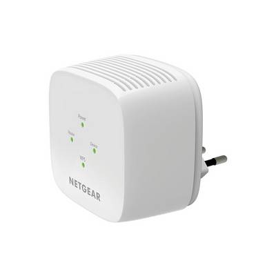 Ein weißer WLAN-Repeater von Netgear mit LED-Anzeigen für Power, Router, Device und WPS, in eine Steckdose eingesteckt.