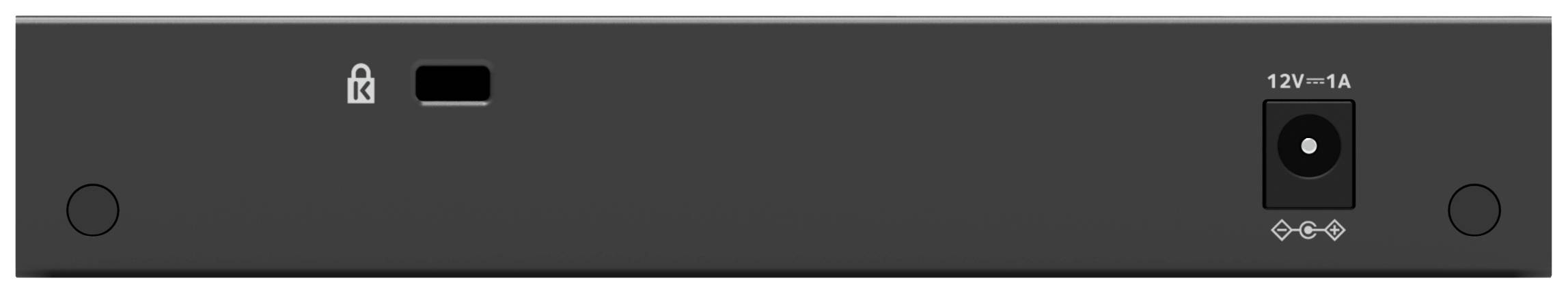 'Vorderseite eines schwarzen elektronischen Geräts mit Schloss-Symbol, USB-Anschluss und Netzadapteranschluss mit Beschriftung 12V-1A.'