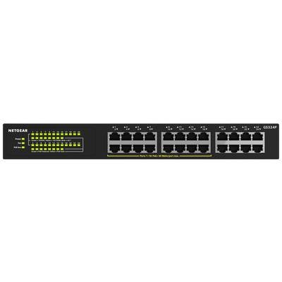 Ein schwarzer NETGEAR GS724TP Netzwerk-Switch mit 24 Ethernet-Ports und LED-Anzeigen für Strom und Netzwerkaktivität.