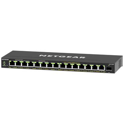 Ein Netzwerk-Switch von Netgear mit sechzehn Ethernet-Ports. LED-Anzeigen zeigen den Status der Verbindung und Stromversorgung an.