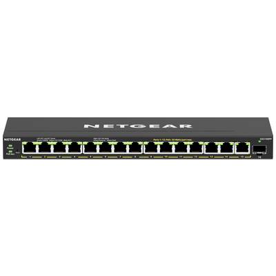 Netzwerkswitch von Netgear mit 16 Ports, LED-Anzeigen für Status und Verbindung.