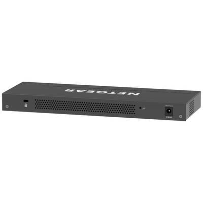 Ein schwarzer Netzwerk-Router mit dem Schriftzug 'NETGEAR' oben. Vorderseite zeigt Lüftungsschlitze, Anschlüsse und LEDs.