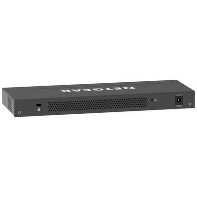 Schwarzes NETGEAR-Netzwerkgerät mit Lüftungsschlitzen und Netzanschluss. Flaches, rechteckiges Design.